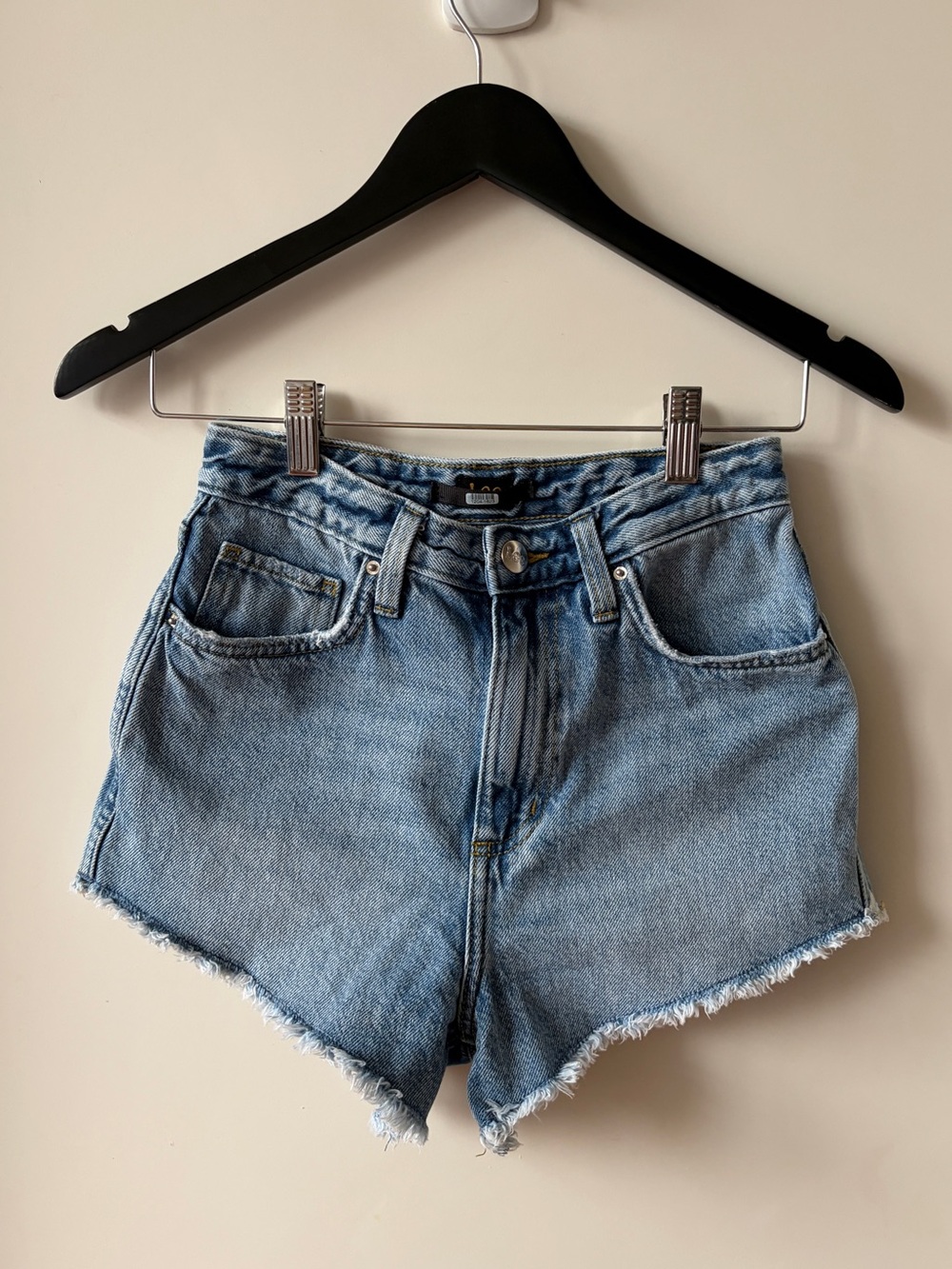 Lee Denim Shorts High Waisted with Frayed Hem Medium Blue